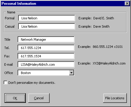 Personal Information Dialog
